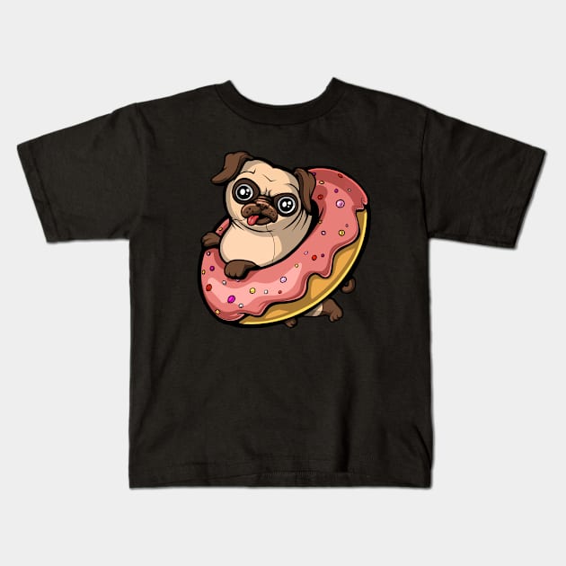 Pug Dog Riding Donut Kids T-Shirt by underheaven